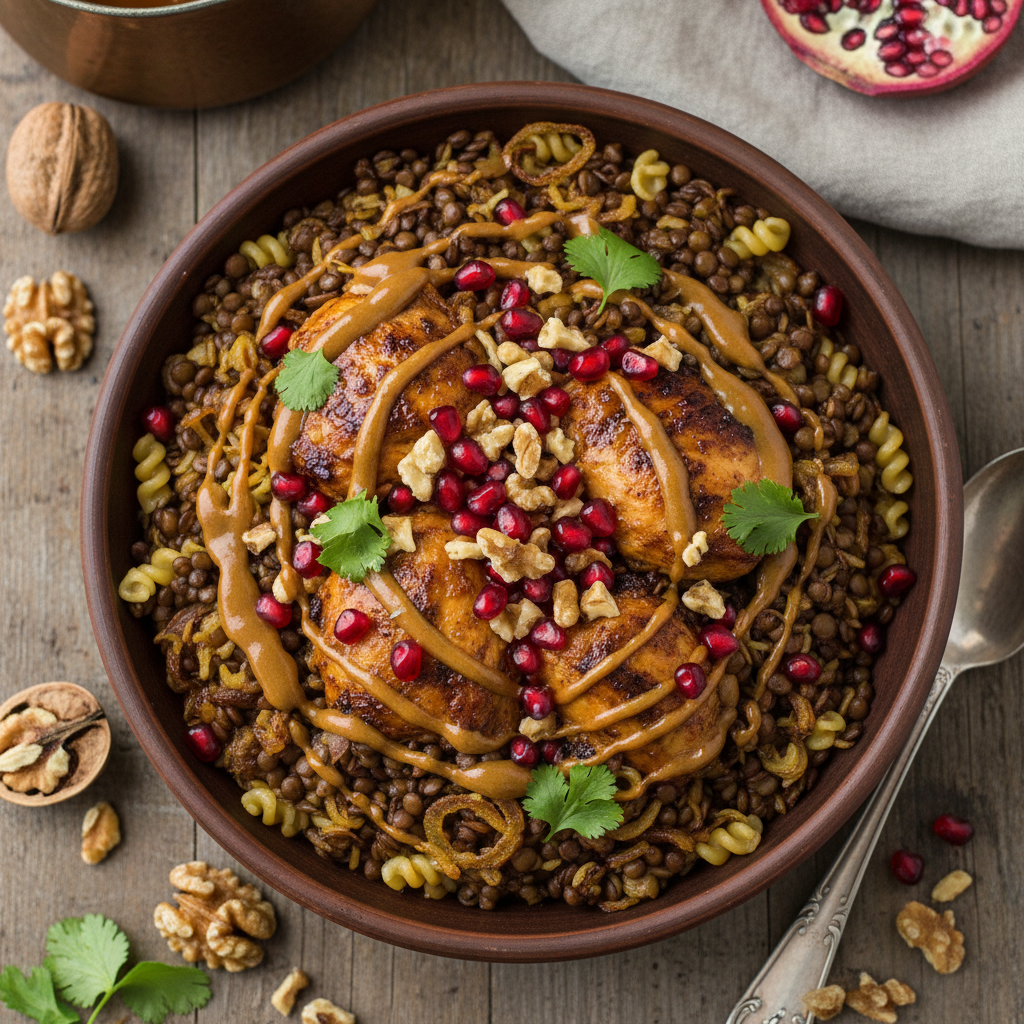 Pomegranate Walnut Lentil Bowl - Koshari Fesenjan