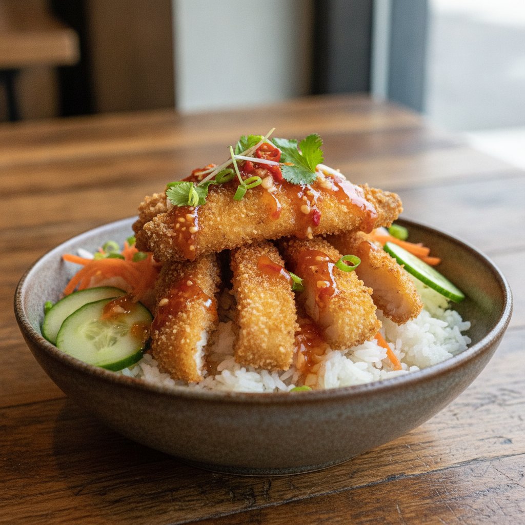 Crispy Fried Tilapia Rice Bowl with Chili Sauce
