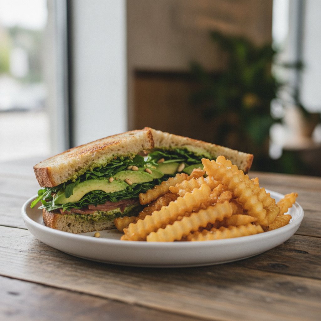 Pesto Avocado Sourdough Sandwich with Crispy Fries
