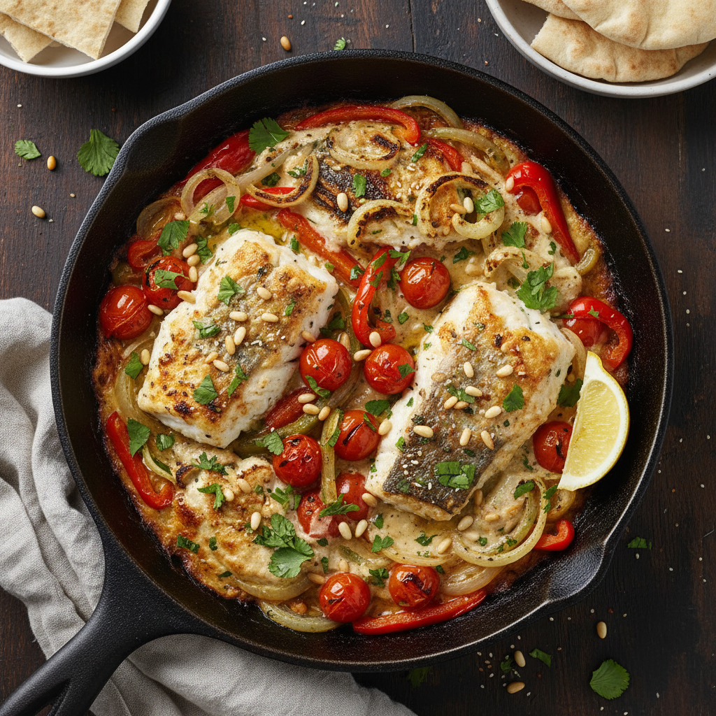Tahini-Baked Fish with Caramelized Onions — Fish Samak Bil Tahini One Pan
