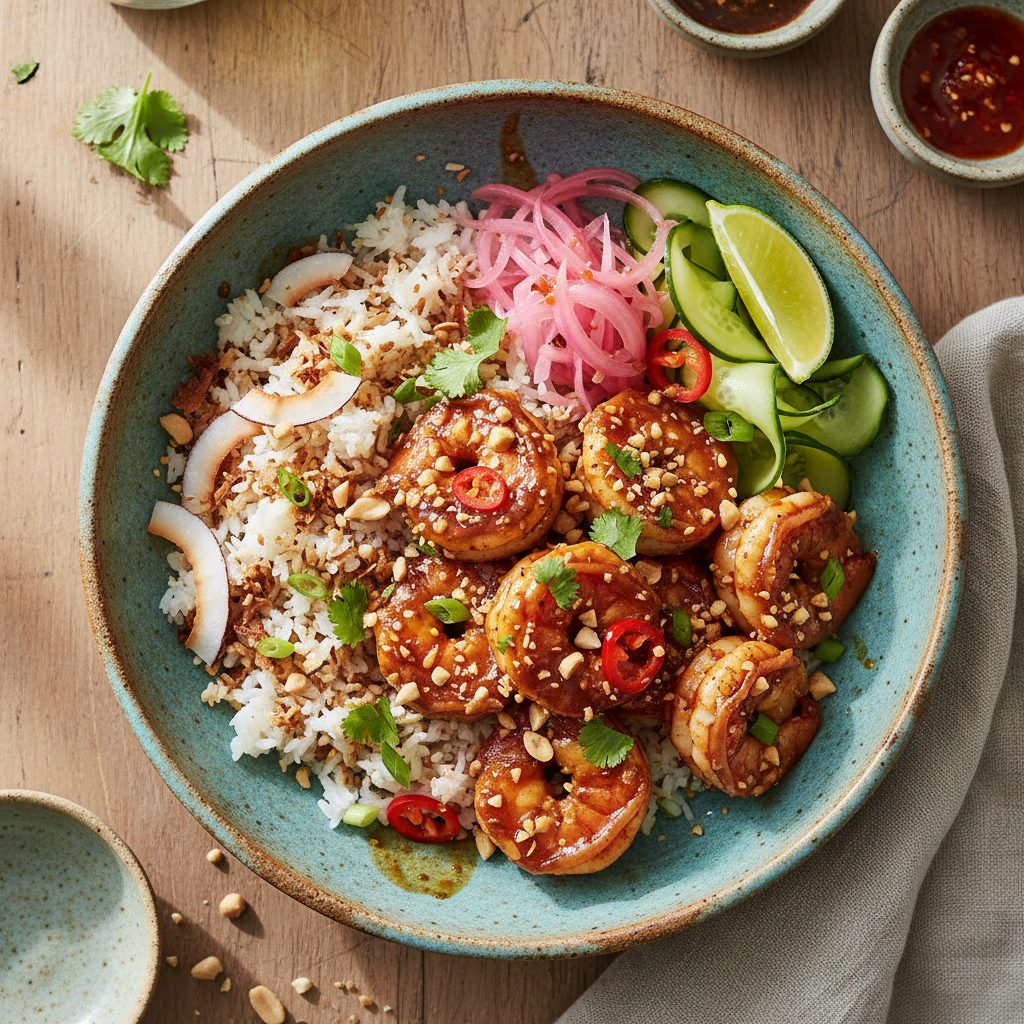 Tamarind and Peanut Glazed Prawn Bowl