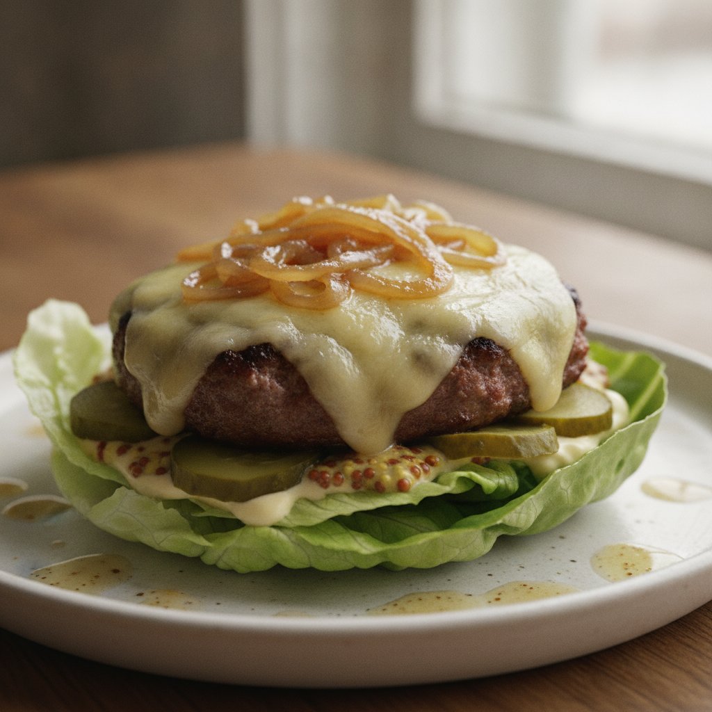 Beef Burger with Melted Cheese and Onions (Keto)