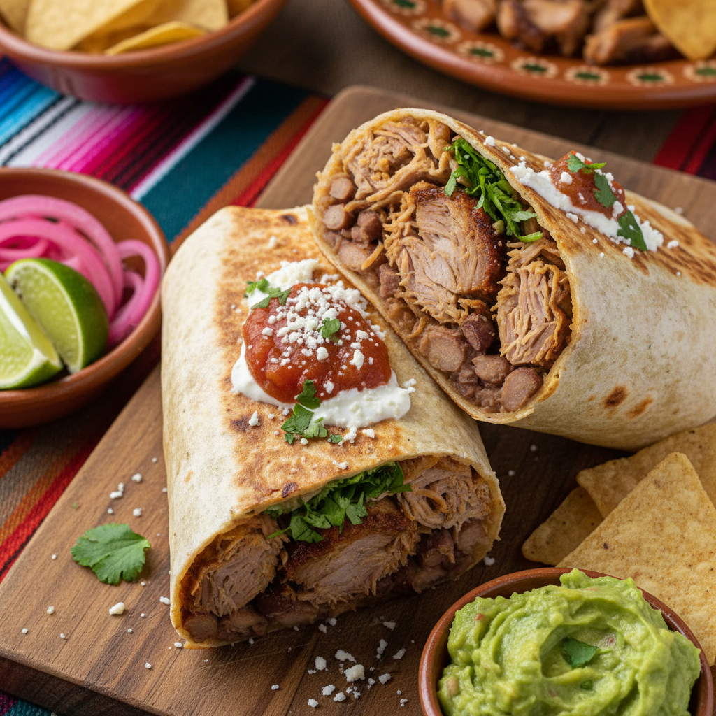 Crispy Pork Carnitas Burrito — Burrito de Carnitas con Frijoles