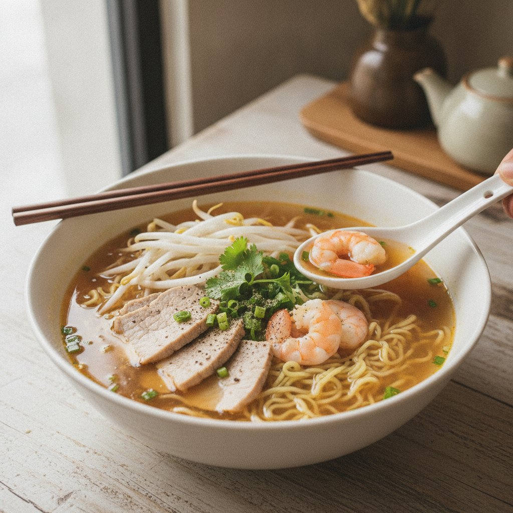 Egg Noodle Soup with Pork and Shrimp (Low-Calorie)
