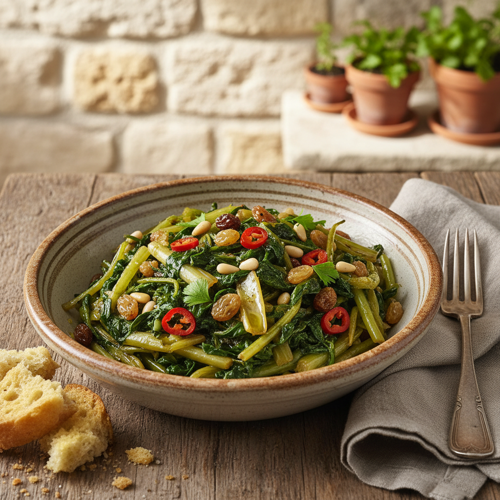 Sautéed Chicory with Raisins and Pine Nuts — Cicoria all'Agrodolce Pugliese