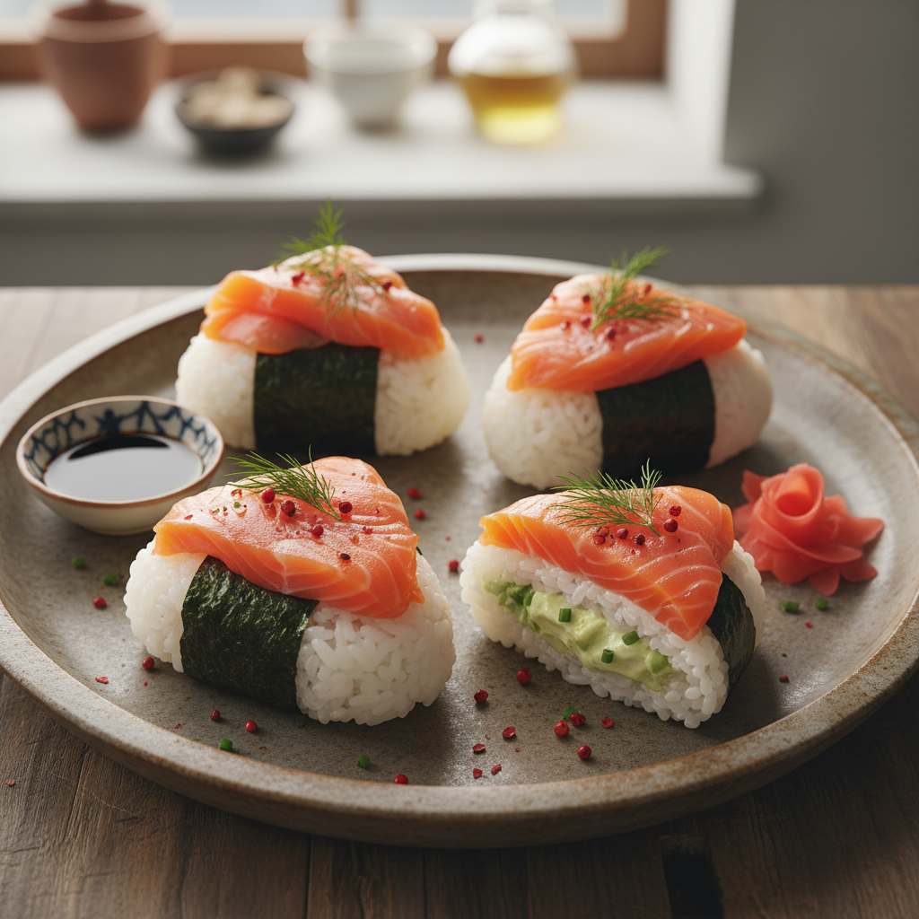 Dill-Cured Salmon Rice Balls — Cured Salmon Rice Balls - Gravlax Onigiri