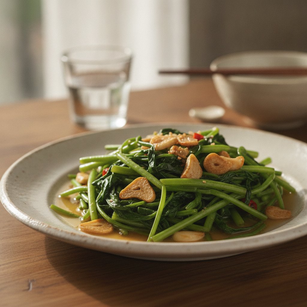 Stir Fried Morning Glory With Garlic (Low-Calorie)
