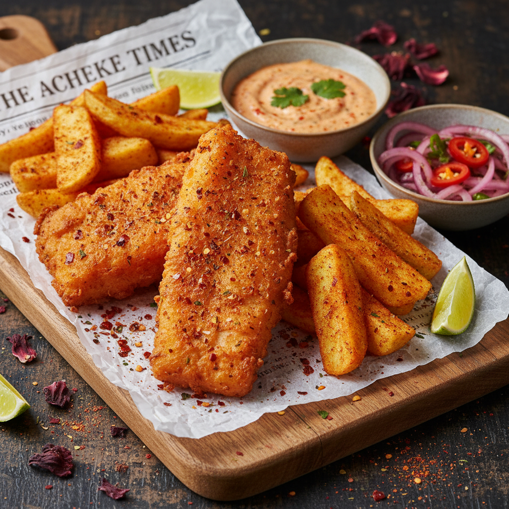 Crispy Jollof Beer-Batter Cod with Chips - Fish & Chips Jollof