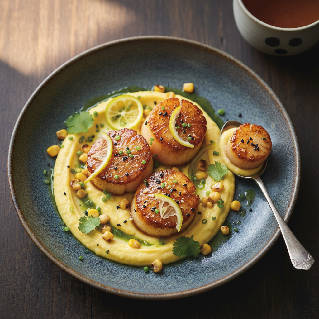 Yuzu and Miso Glazed Scallops with Corn Purée