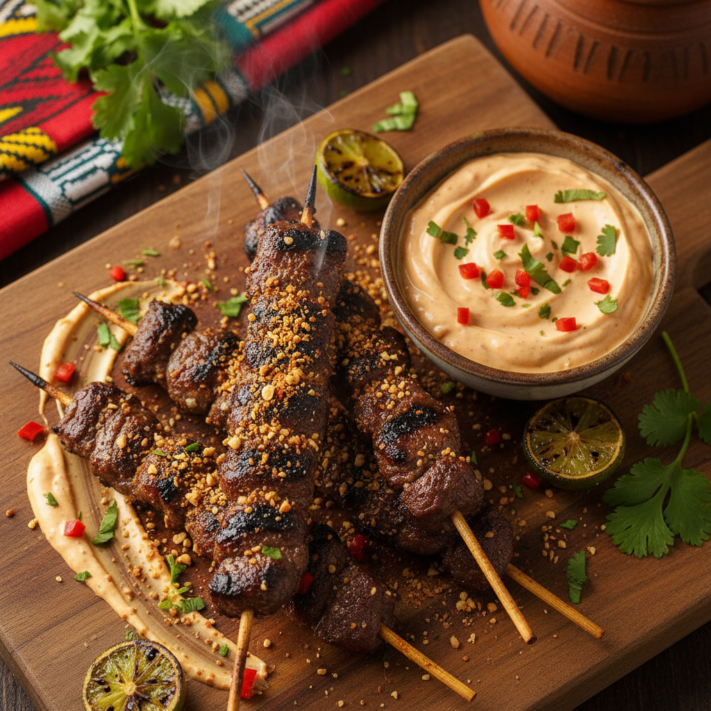 Spicy Grilled Beef Skewers with Peanut Crust — Suya Beef Skewers with Scotch Bonnet Mayo