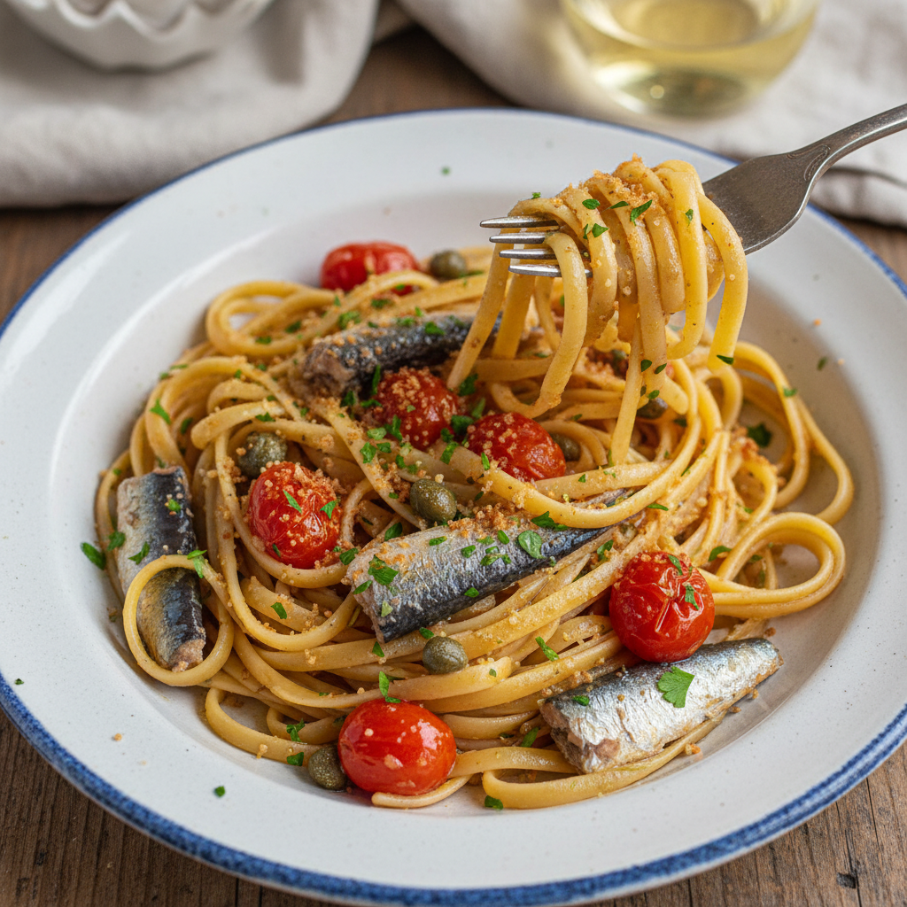 Linguine con Sarde, Pomodorini e Capperi