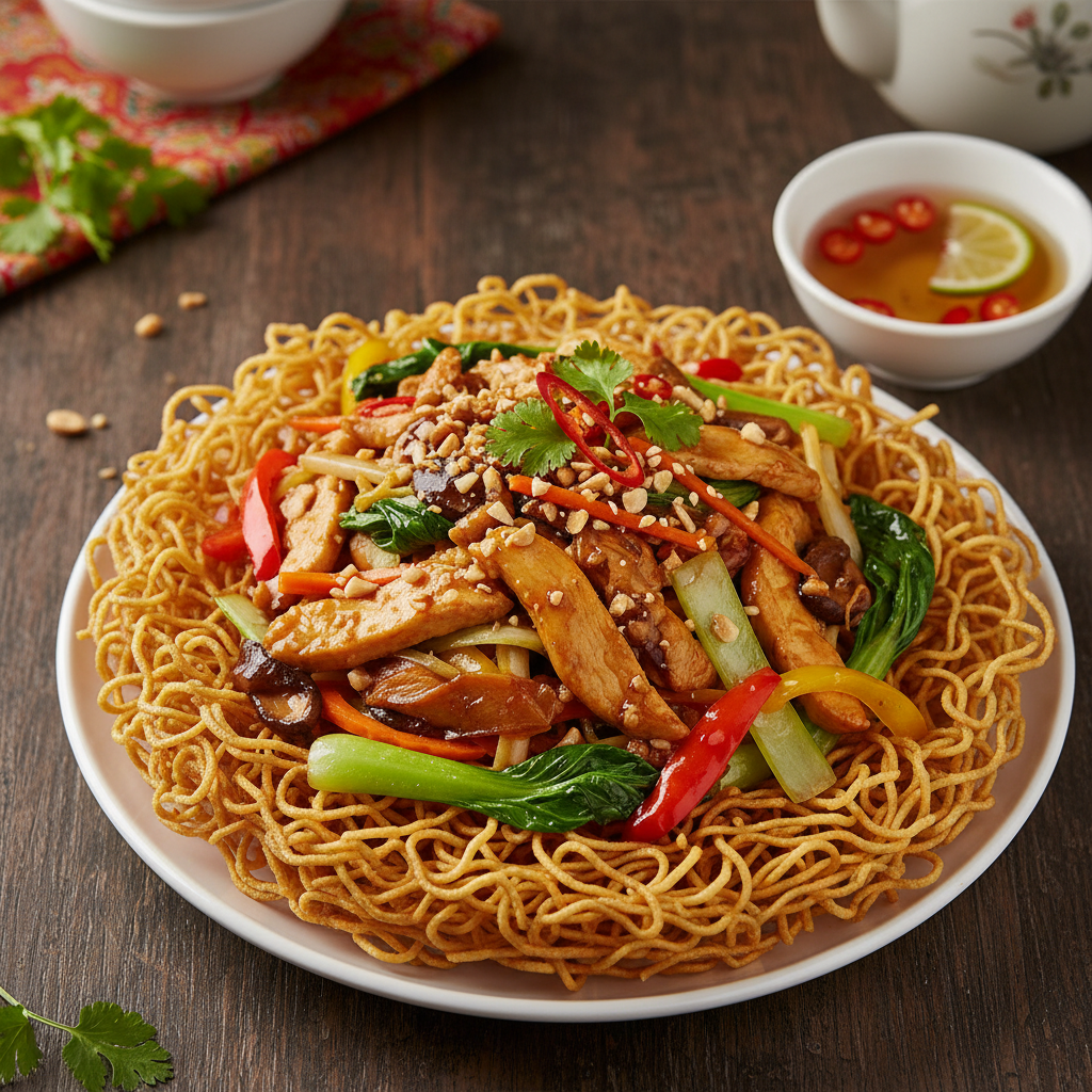 Crispy Chicken Noodle Pan — Mi Xao Gion Ga
