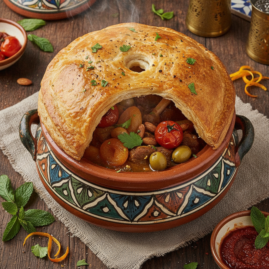 Spiced Lamb Pot Pie with Apricots — Moroccan Lamb Tagine Under French Pastry — Lamb Tagine Pot Pie