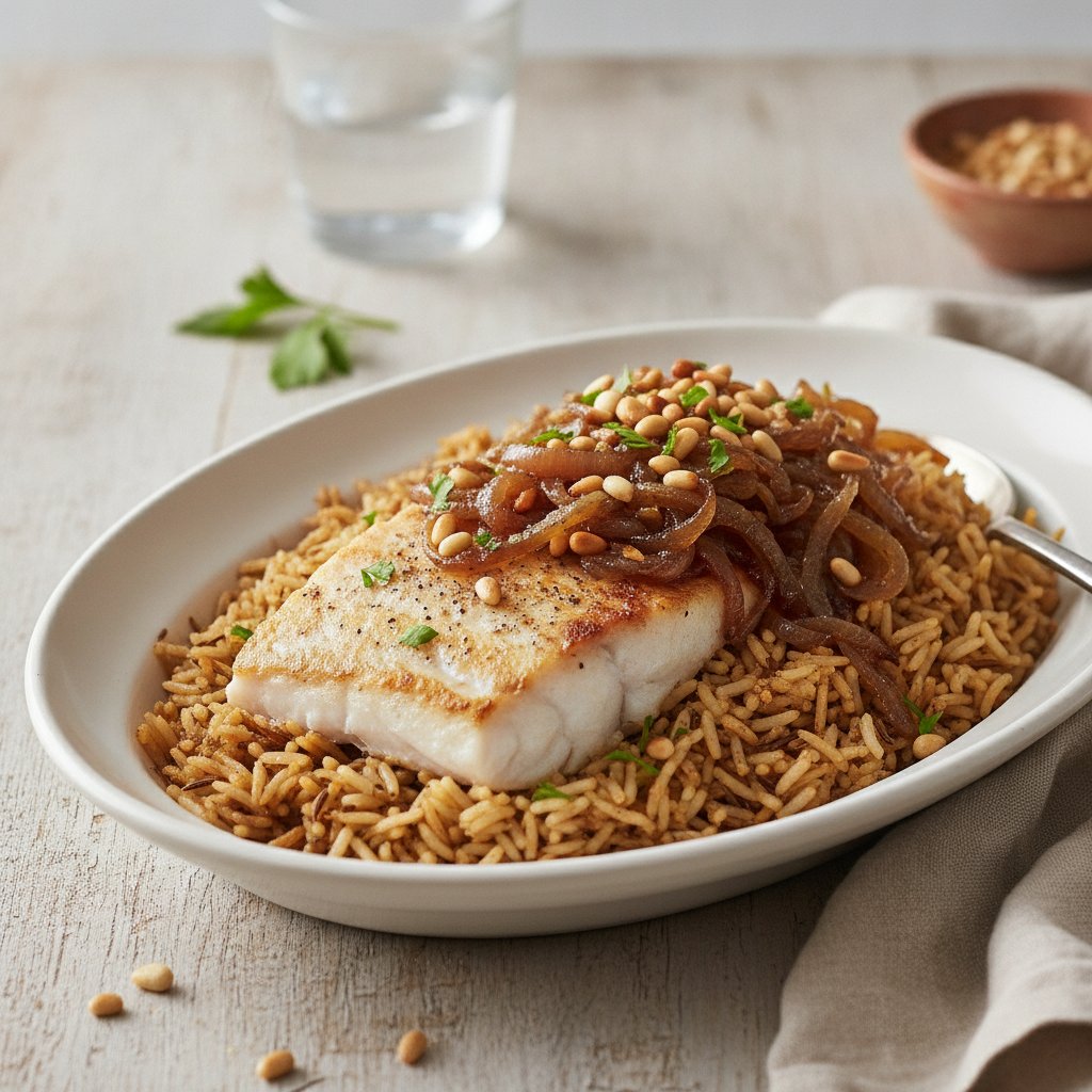 Fish and Spiced Rice with Caramelized Onions (Low-Calorie)