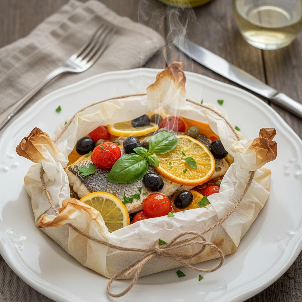 Whole Sea Bass in Parchment — Branzino al Cartoccio Mediterraneo