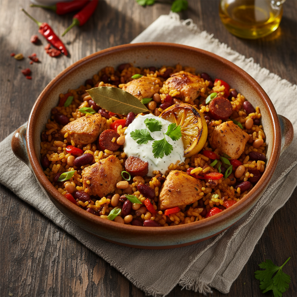 Smoky Chicken & Bean Stew Bowl — Smoky Chicken & Beans Paella Bowl - Cachupa