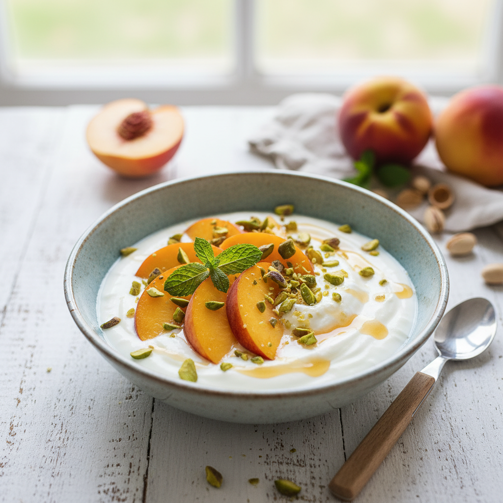 Greek Yogurt Peach Pistachio Bowl
