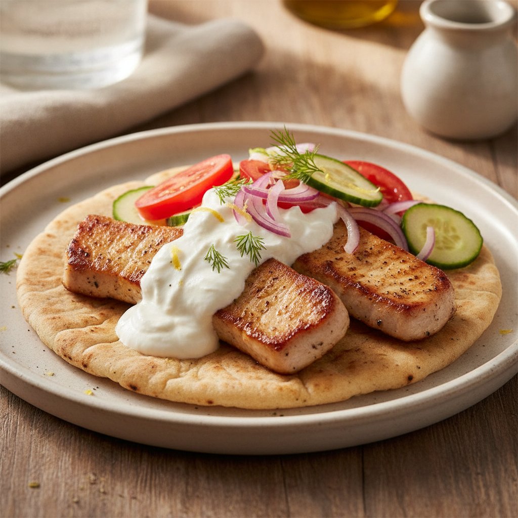 Greek Flatbread with Meat and Yogurt Sauce (Low-Calorie)