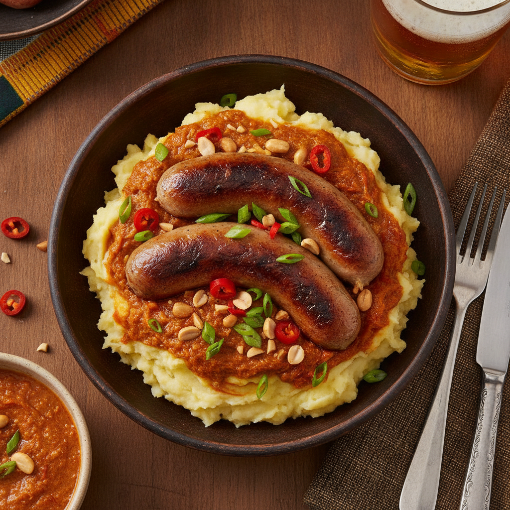 English Sausages and Mash in Congolese Palm Sauce — Bangers Moambe Mash