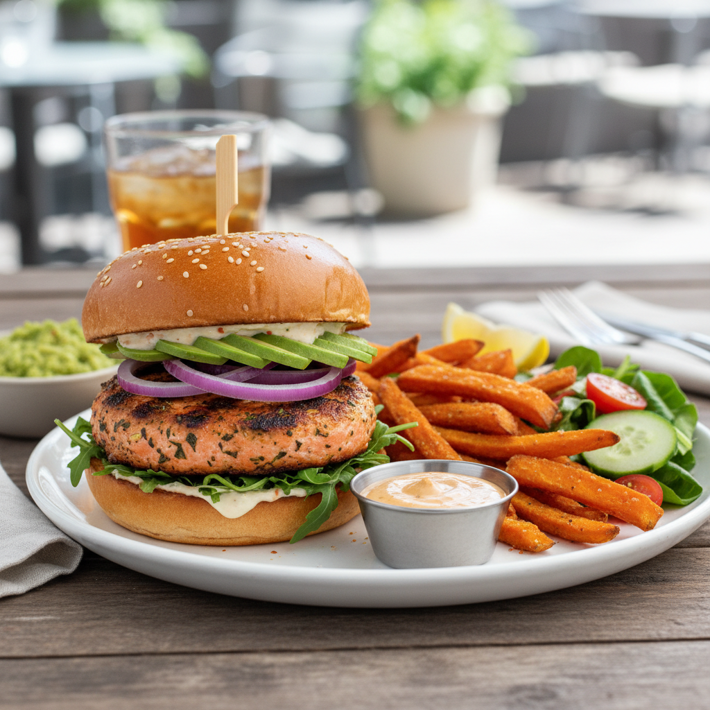 California Grilled Salmon Burger Plate
