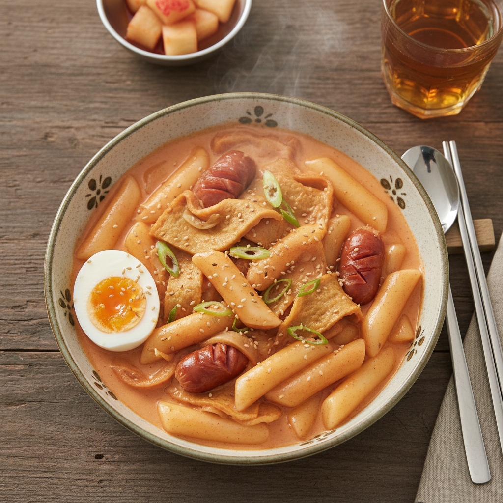 Creamy Spicy Rice Cake Bowl — Rose Tteokbokki Lunch Bowl with Sausage