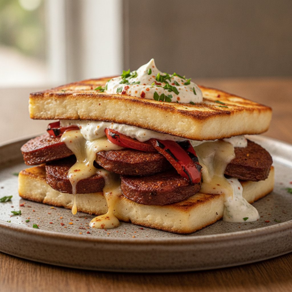 Toasted Cheese and Beef Sausage Sandwich (Keto)