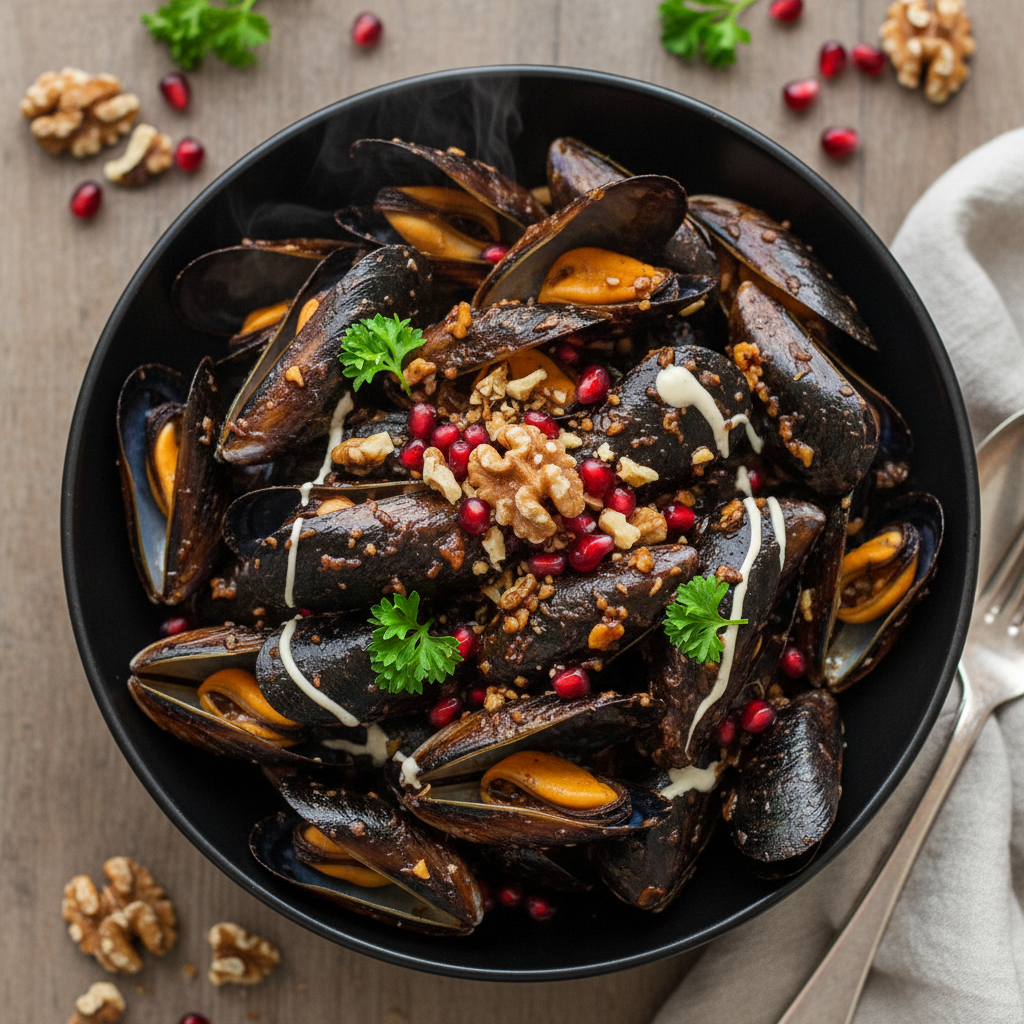 Pomegranate Walnut Steamed Mussels — Pomegranate Walnut Mussels - Moules Fesenjan