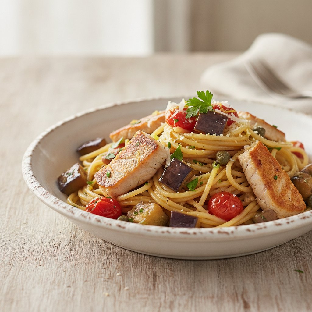 Swordfish and Eggplant Pasta