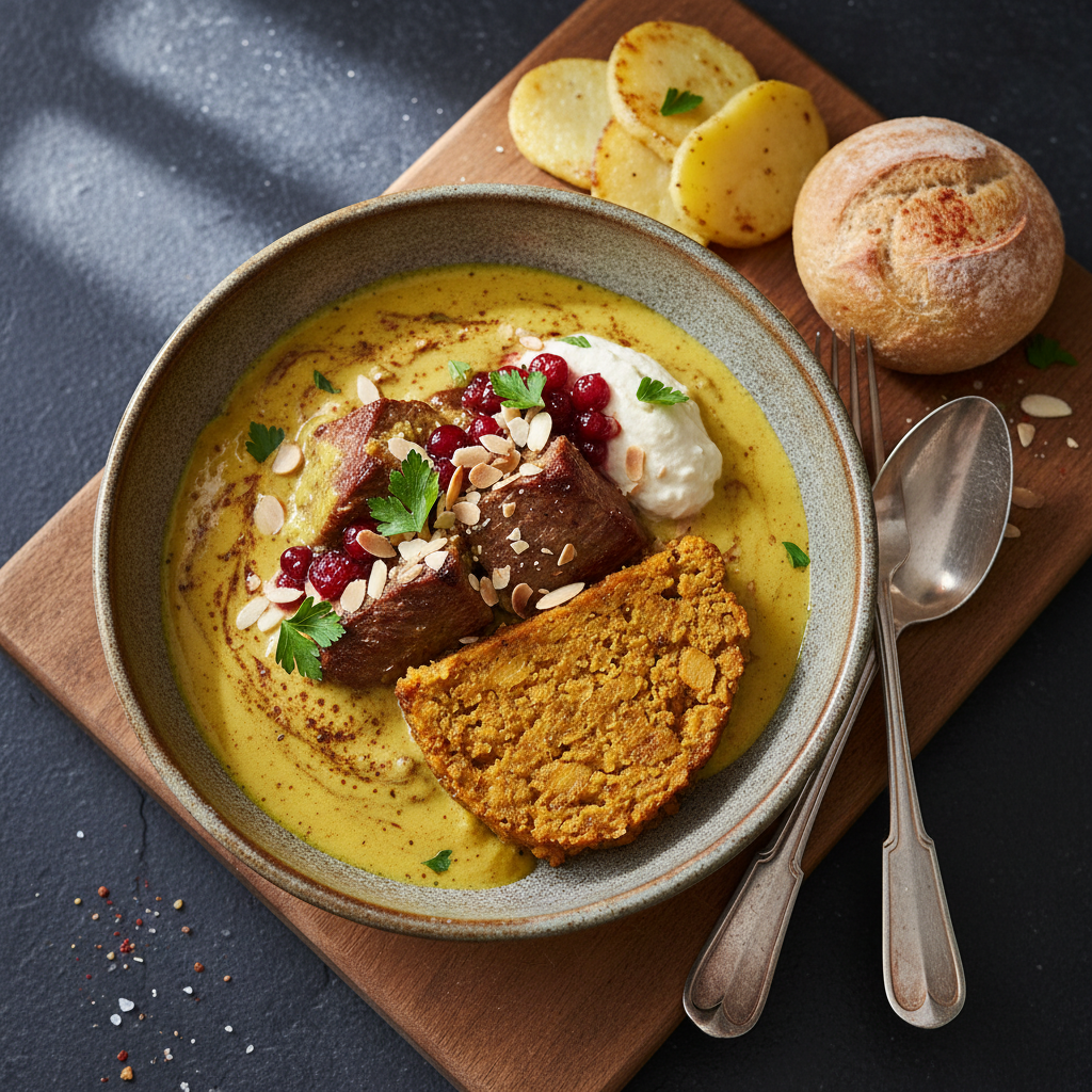 Curried Beef in Cream Gravy Bowl - Bobotie Svickova