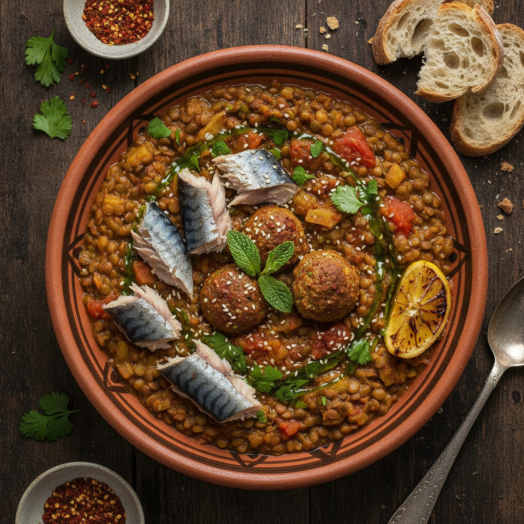 Dutch Mackerel in Moroccan Spiced Lentil Stew — Harira Mackerel Stew