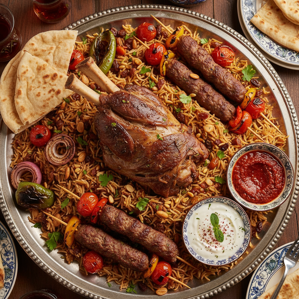 Saffron Rice Lamb Kebab Platter — Lamb Kebab Quzi-Style Platter