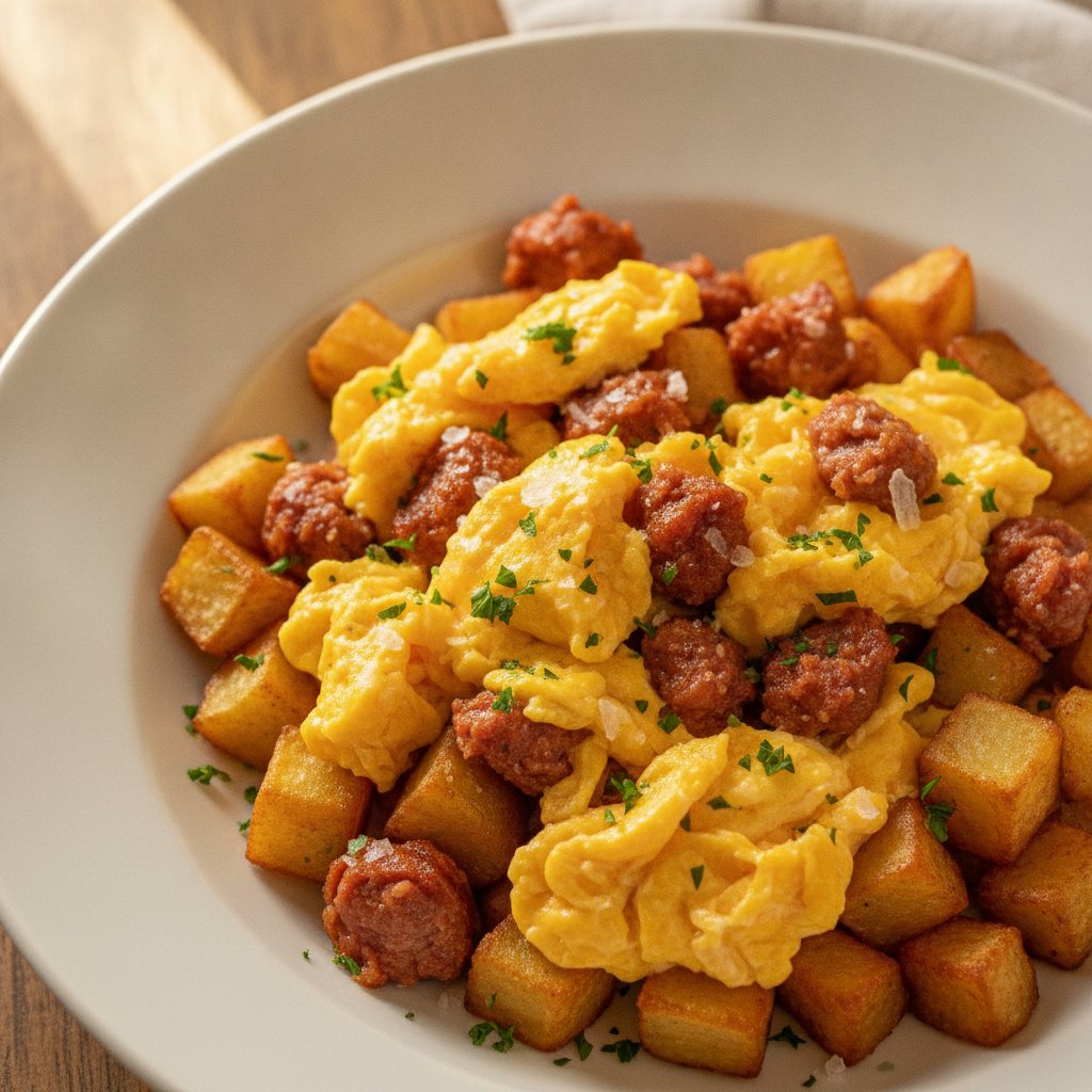 Broken Eggs with Sausage and Potatoes